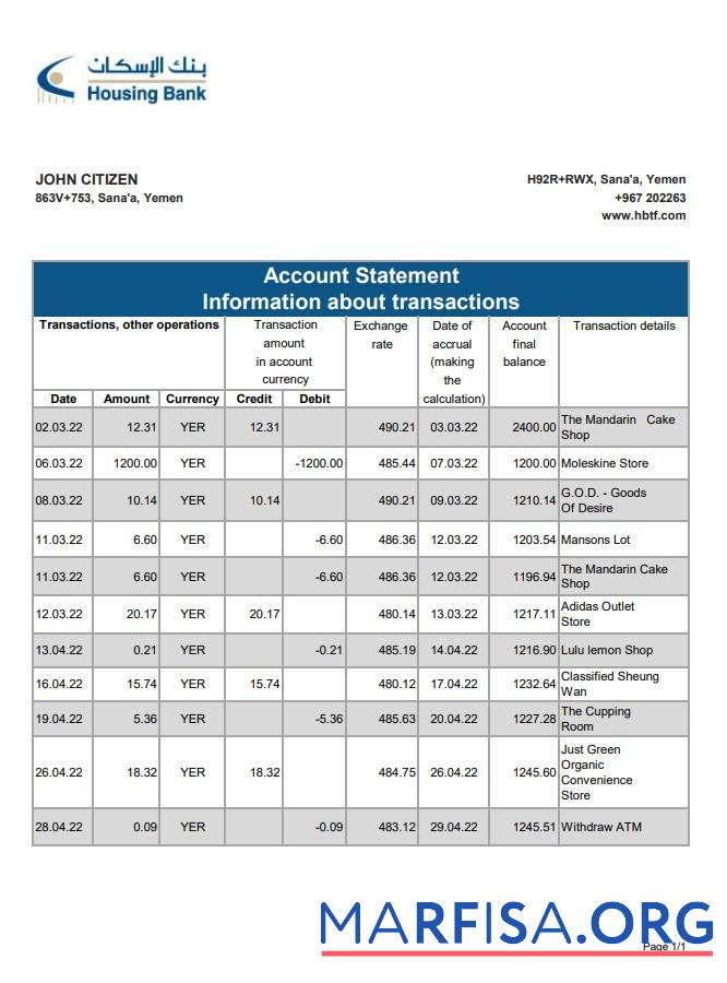 Printable Yemen Housing Bank statement excel example